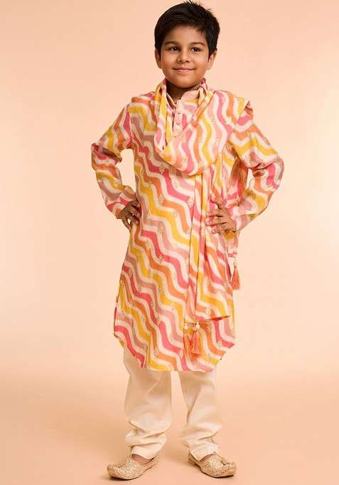 Cream Printed Blended Kurta Set For Boys