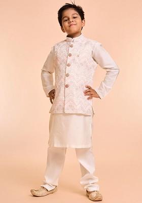 Cream Embroidered Blended Nehru Jacket Set For Boys