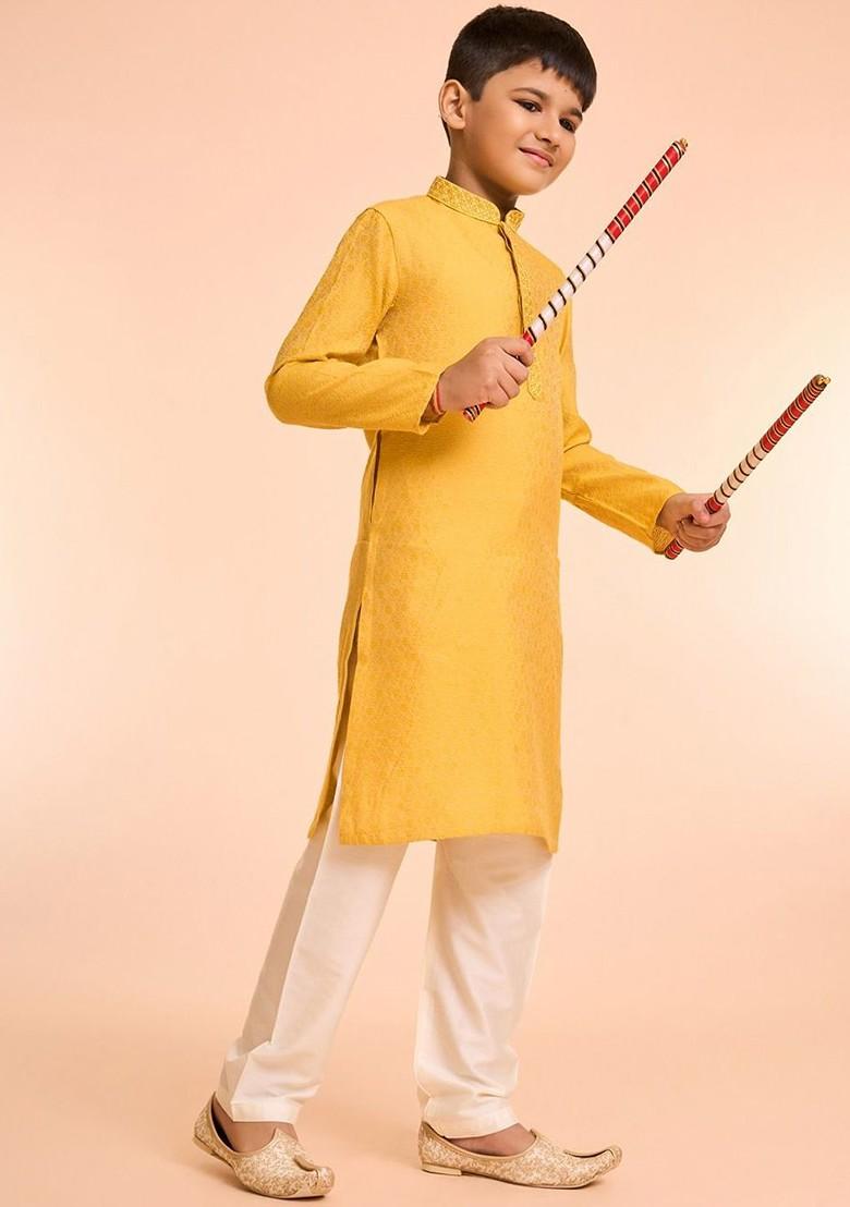 Yellow Embroidered Blended Kurta Set For Boys - Indya