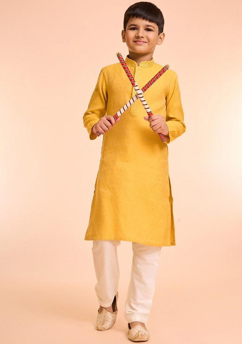 Yellow Embroidered Blended Kurta Set For Boys - Indya