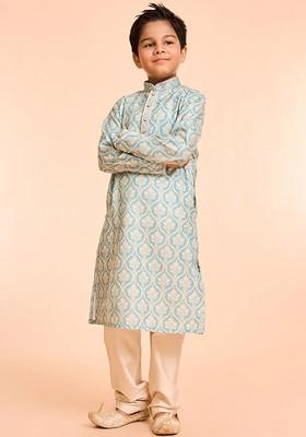 Green Printed Blended Kurta Set For Boys
