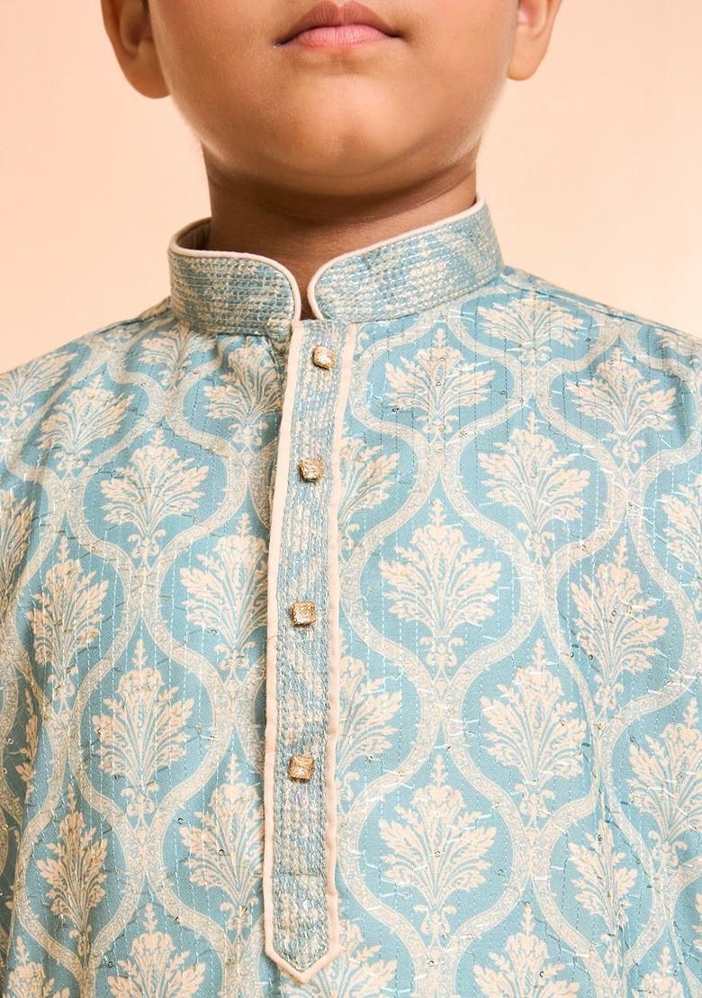 Green Printed Blended Kurta Set For Boys - Indya