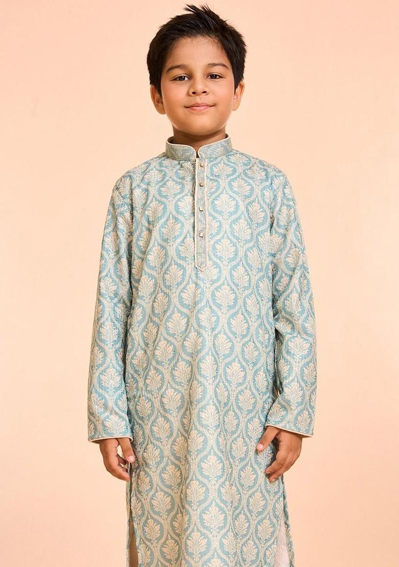 Green Printed Blended Kurta Set For Boys - Indya