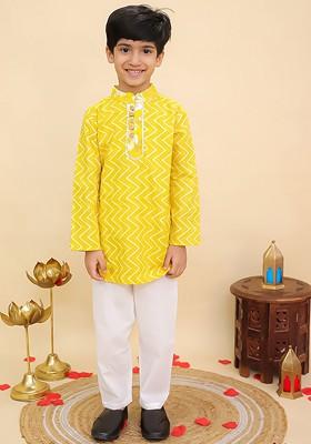 Yellow Printed Cotton Kurta Set For Boys