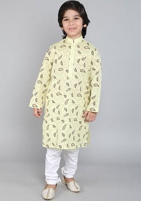 Yellow Printed Blended Kurta Set For Boys