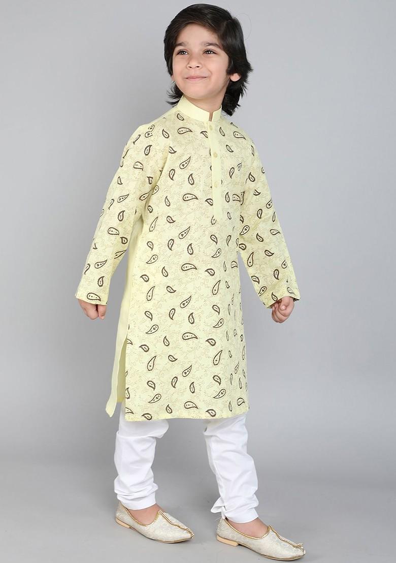 Yellow Printed Blended Kurta Set For Boys - Indya