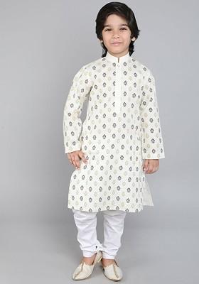 Cream Printed Blended Kurta Set For Boys