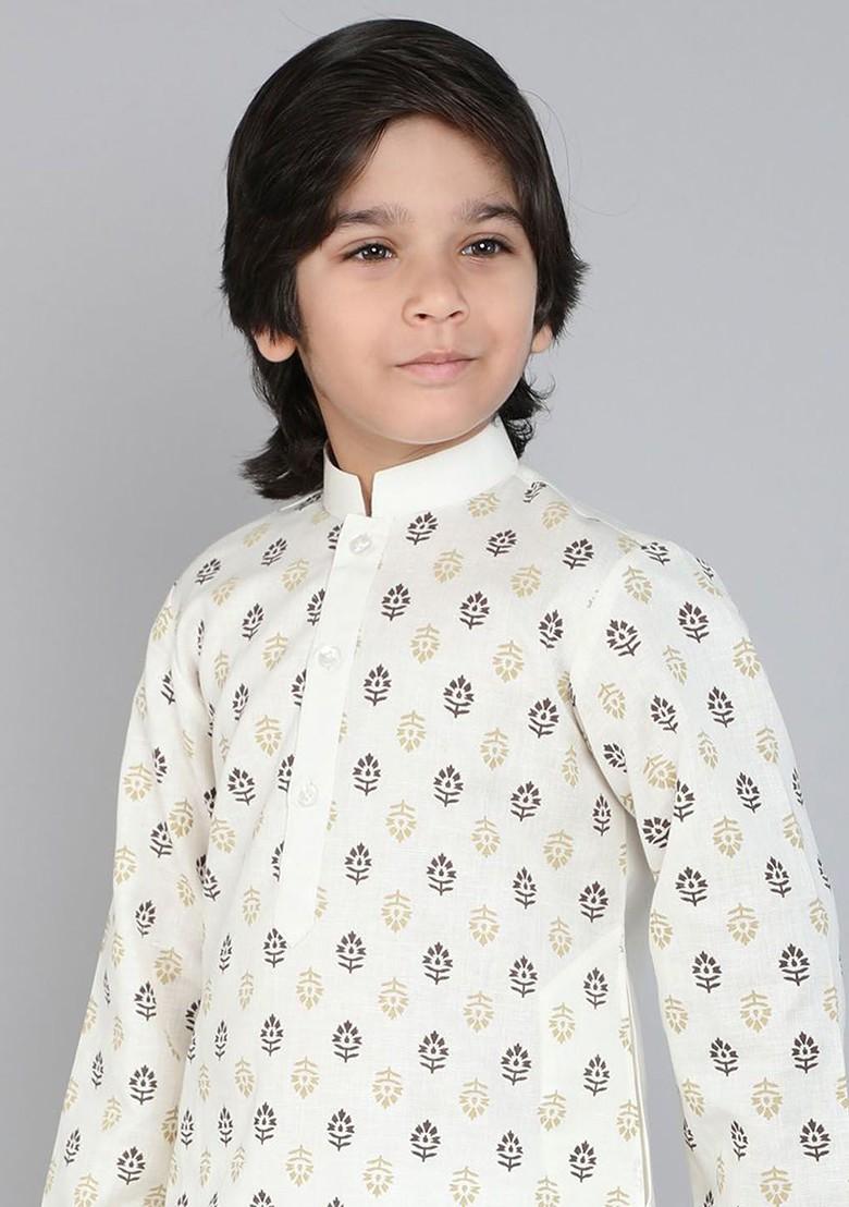 Cream Printed Blended Kurta Set For Boys - Indya
