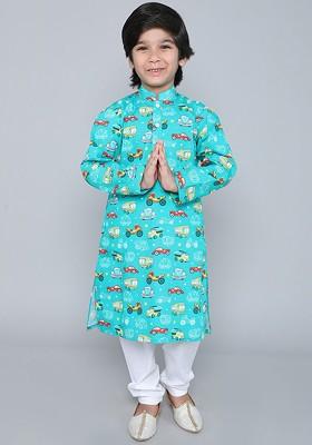 Turquoise Blue Printed Cotton Kurta Set For Boys
