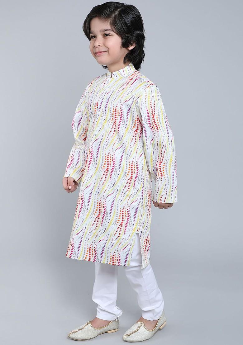 Off White Printed Cotton Kurta Set For Boys - Indya