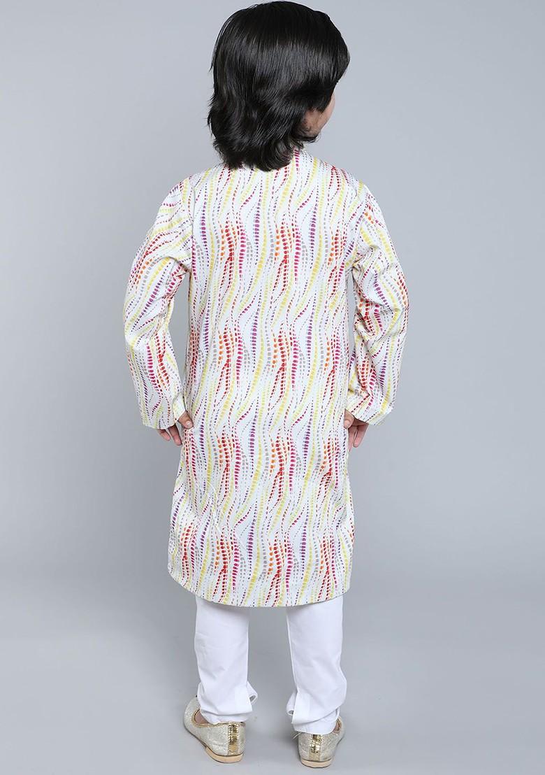 Off White Printed Cotton Kurta Set For Boys - Indya