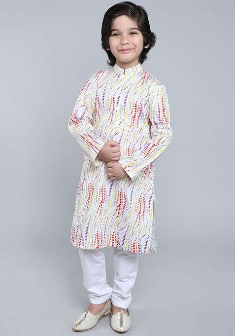 Off White Printed Cotton Kurta Set For Boys