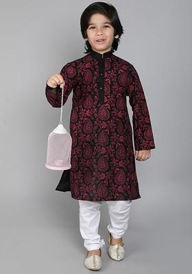 Black Printed Blended Kurta Set For Boys