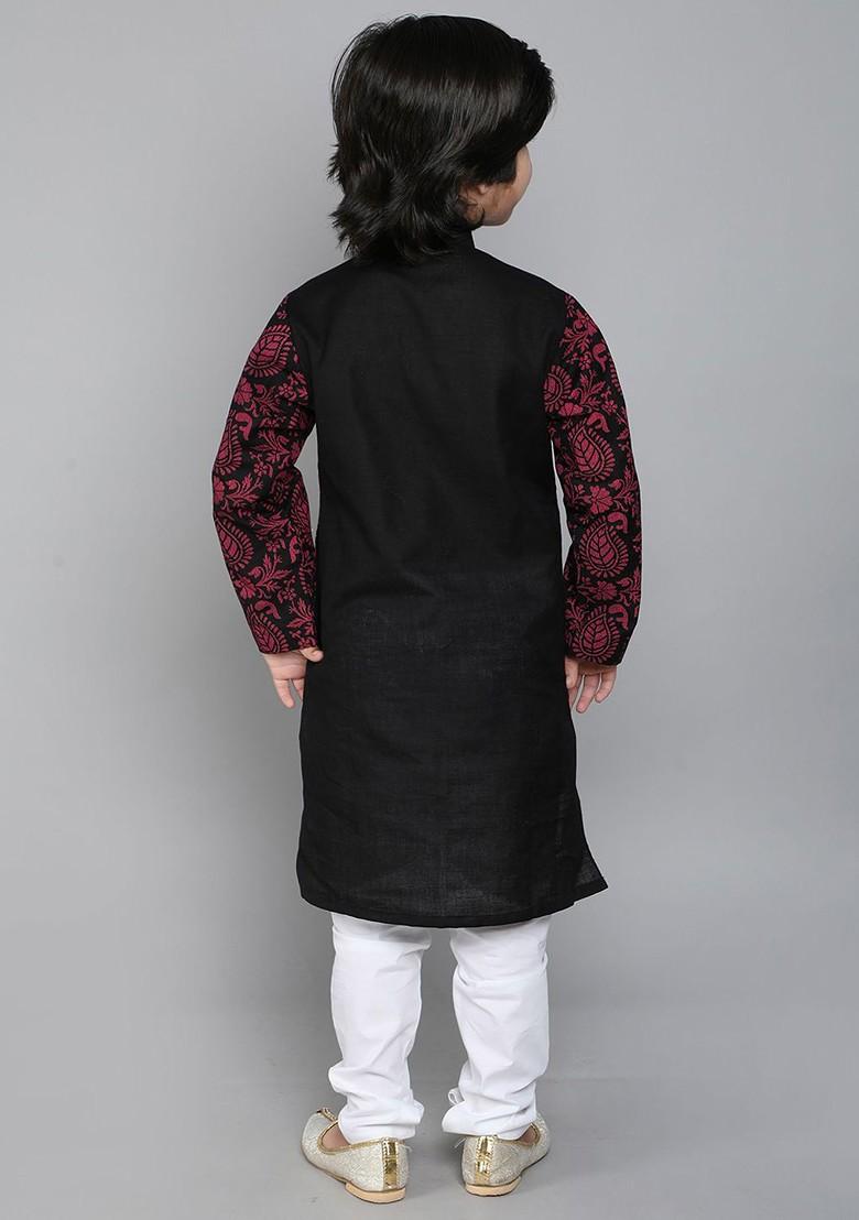 Black Printed Blended Kurta Set For Boys - Indya