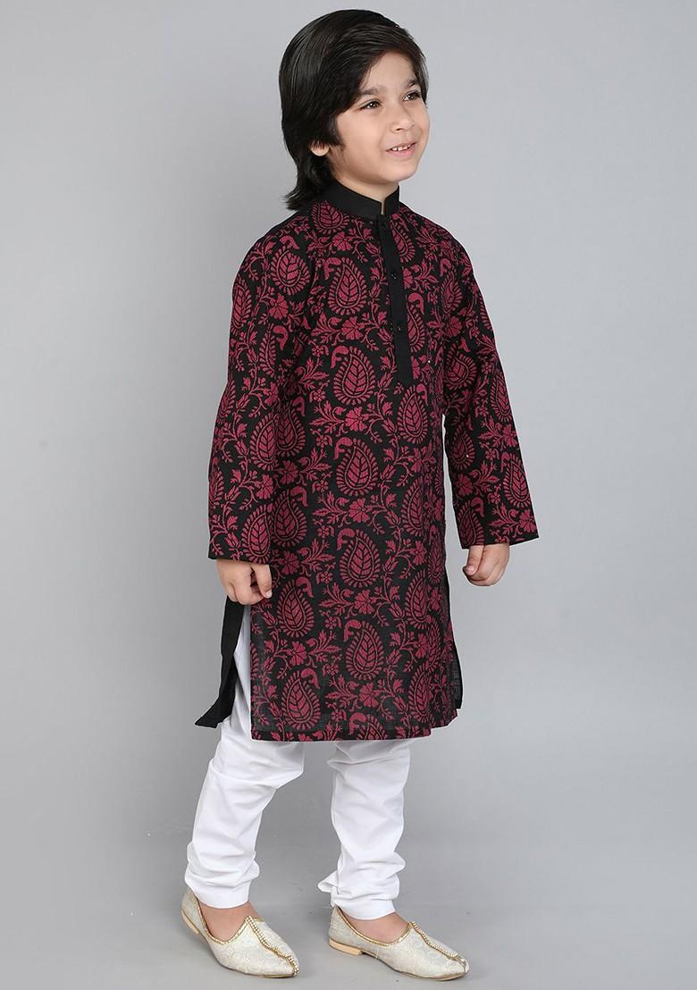 Black Printed Blended Kurta Set For Boys - Indya
