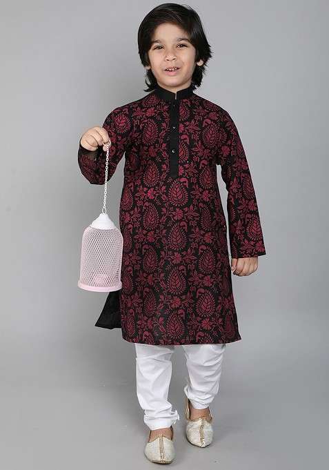 Black Printed Blended Kurta Set For Boys