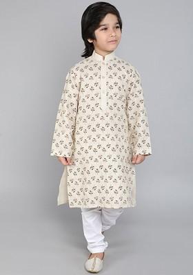 Cream Printed Blended Kurta Set For Boys
