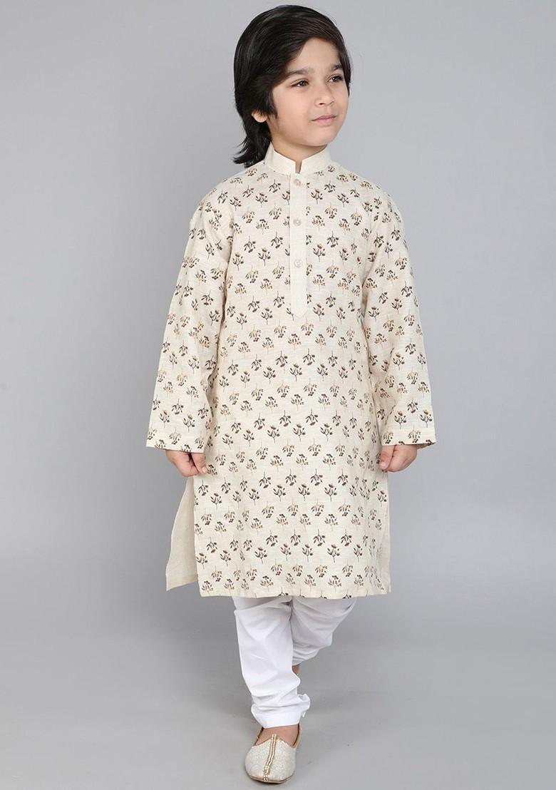 Cream Printed Blended Kurta Set For Boys - Indya