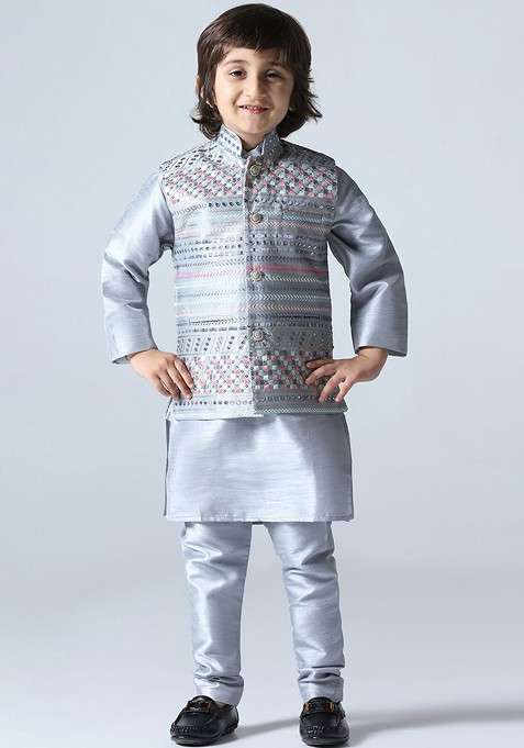 Grey Embroidered Silk Kurta Set For Boys