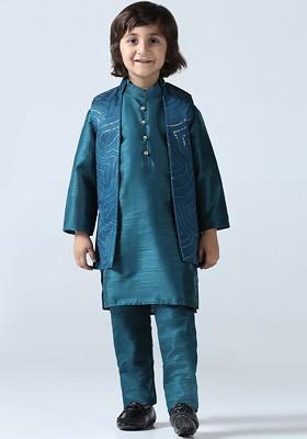 Turquoise Blue Embroidered Silk Kurta Set For Boys