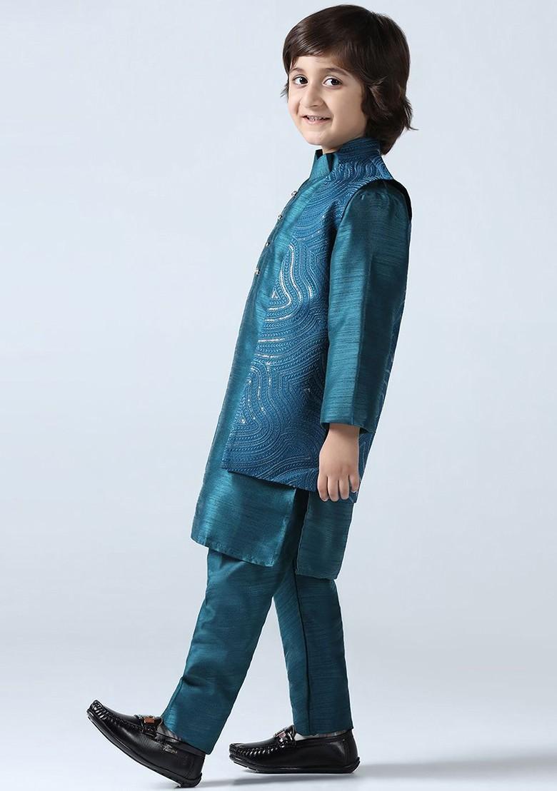 Turquoise Blue Embroidered Silk Kurta Set For Boys - Indya