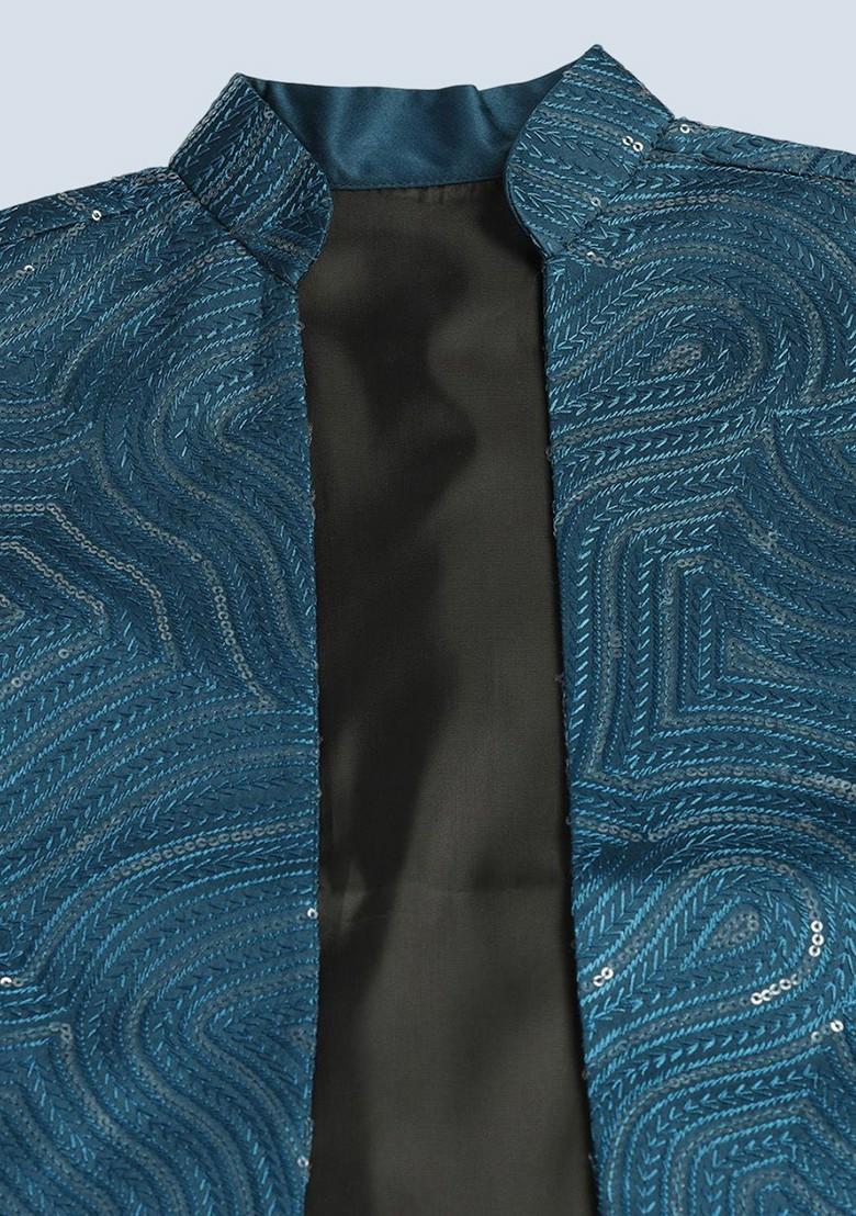 Turquoise Blue Embroidered Silk Kurta Set For Boys - Indya