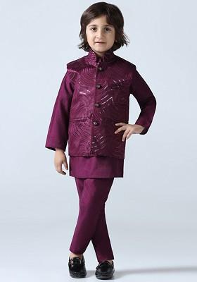 Maroon Embroidered Silk Kurta Set For Boys