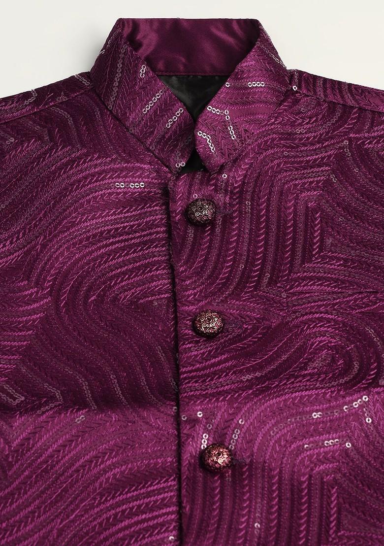 Maroon Embroidered Silk Kurta Set For Boys - Indya
