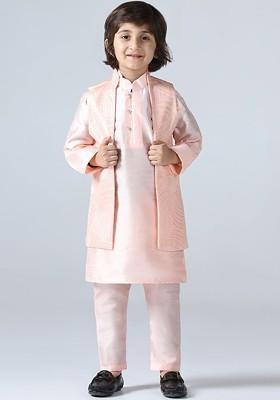 Peach Embroidered Silk Kurta Set For Boys
