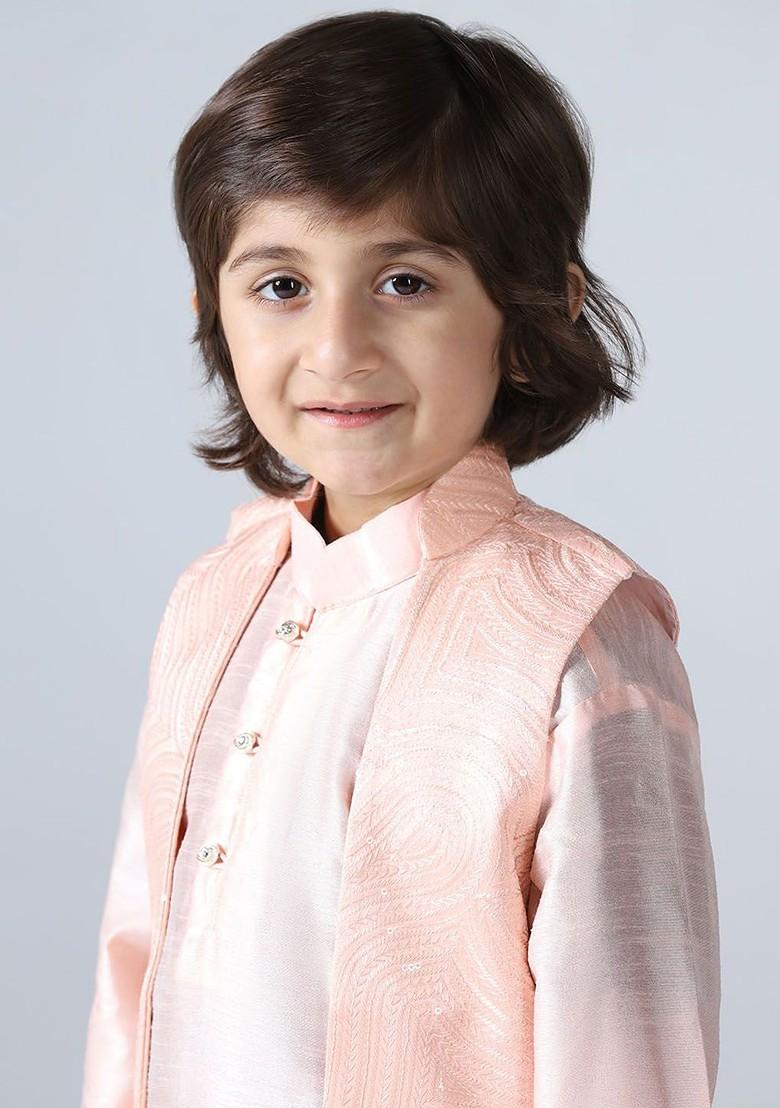 Peach Embroidered Silk Kurta Set For Boys - Indya