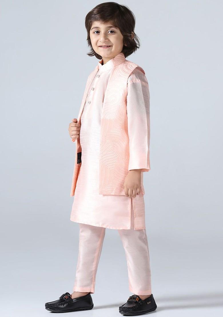 Peach Embroidered Silk Kurta Set For Boys - Indya