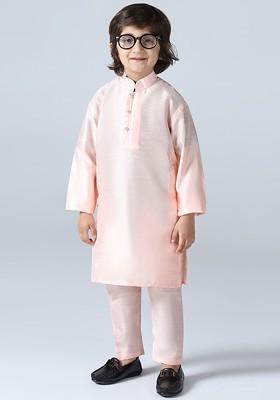 Peach Solid Blended Kurta Set For Boys