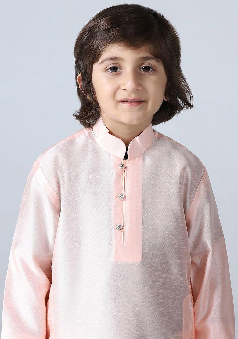 Peach Solid Blended Kurta Set For Boys - Indya