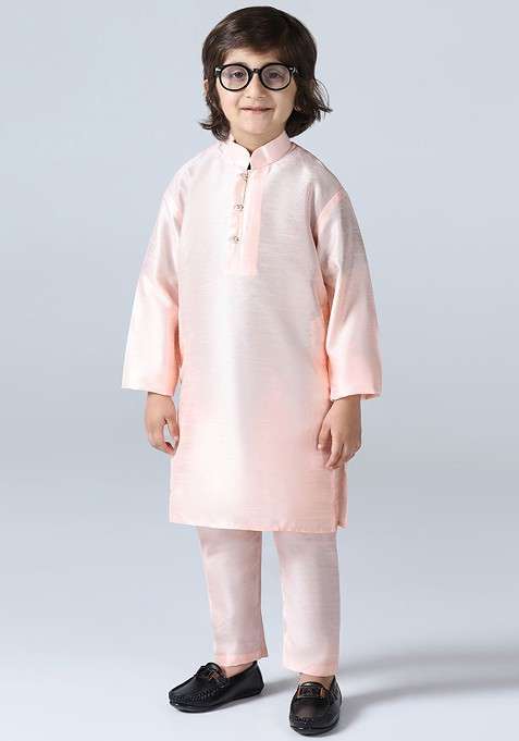 Peach Solid Blended Kurta Set For Boys