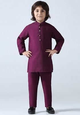 Maroon Embroidered Silk Kurta Set For Boys