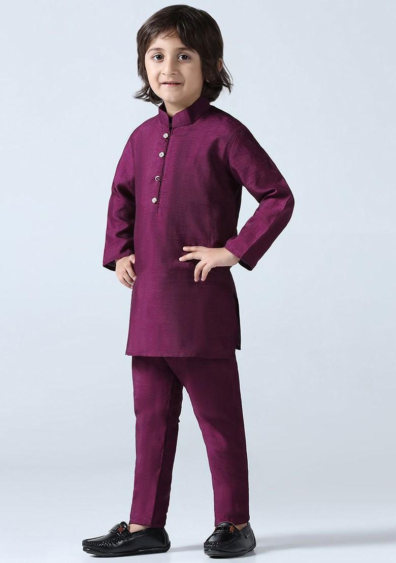 Maroon Embroidered Silk Kurta Set For Boys - Indya