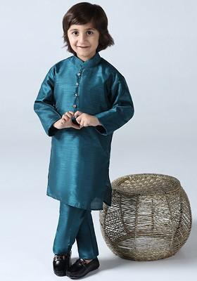 Teal Embroidered Silk Kurta Set For Boys