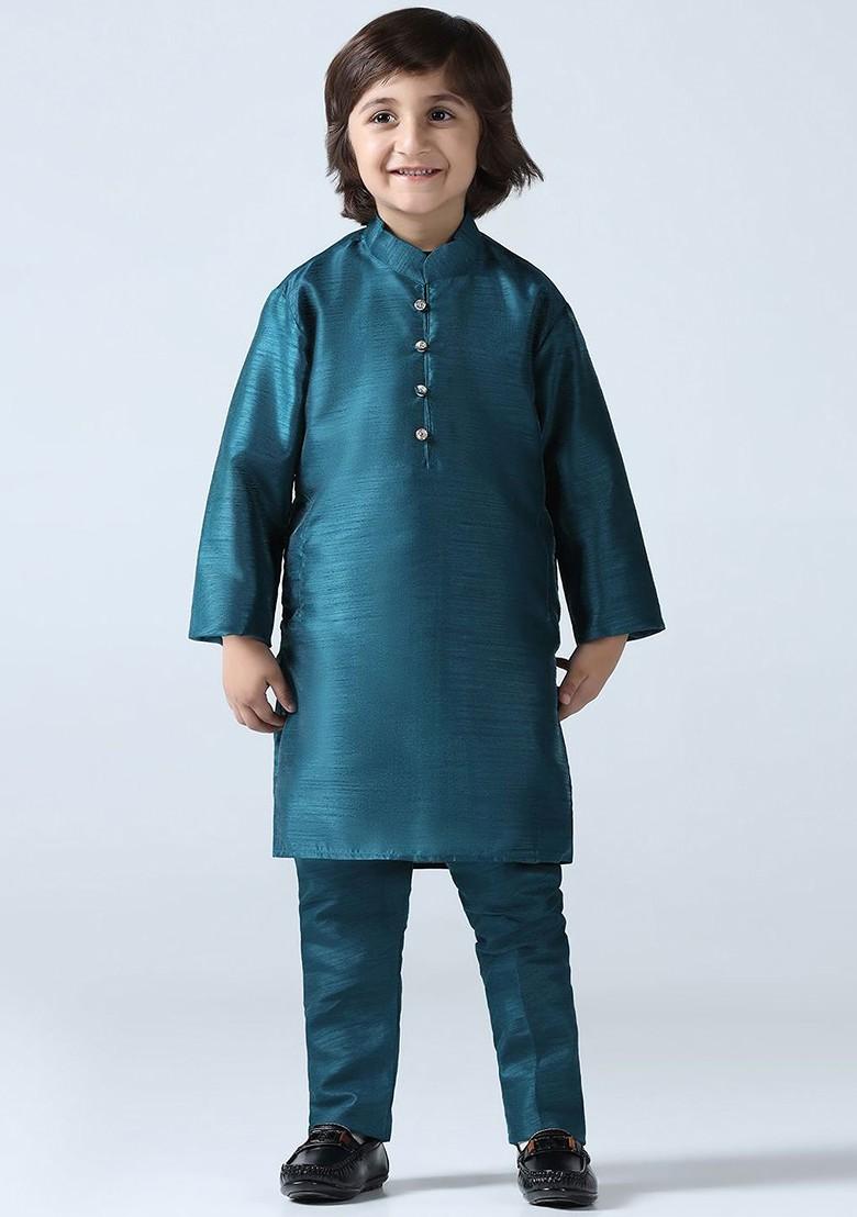 Teal Embroidered Silk Kurta Set For Boys - Indya