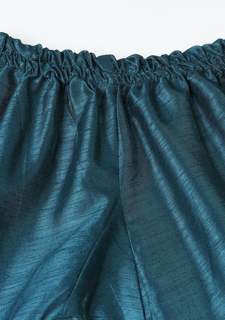 Teal Embroidered Silk Kurta Set For Boys - Indya