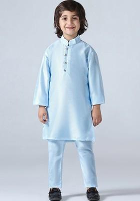 Blue Embroidered Silk Kurta Set For Boys