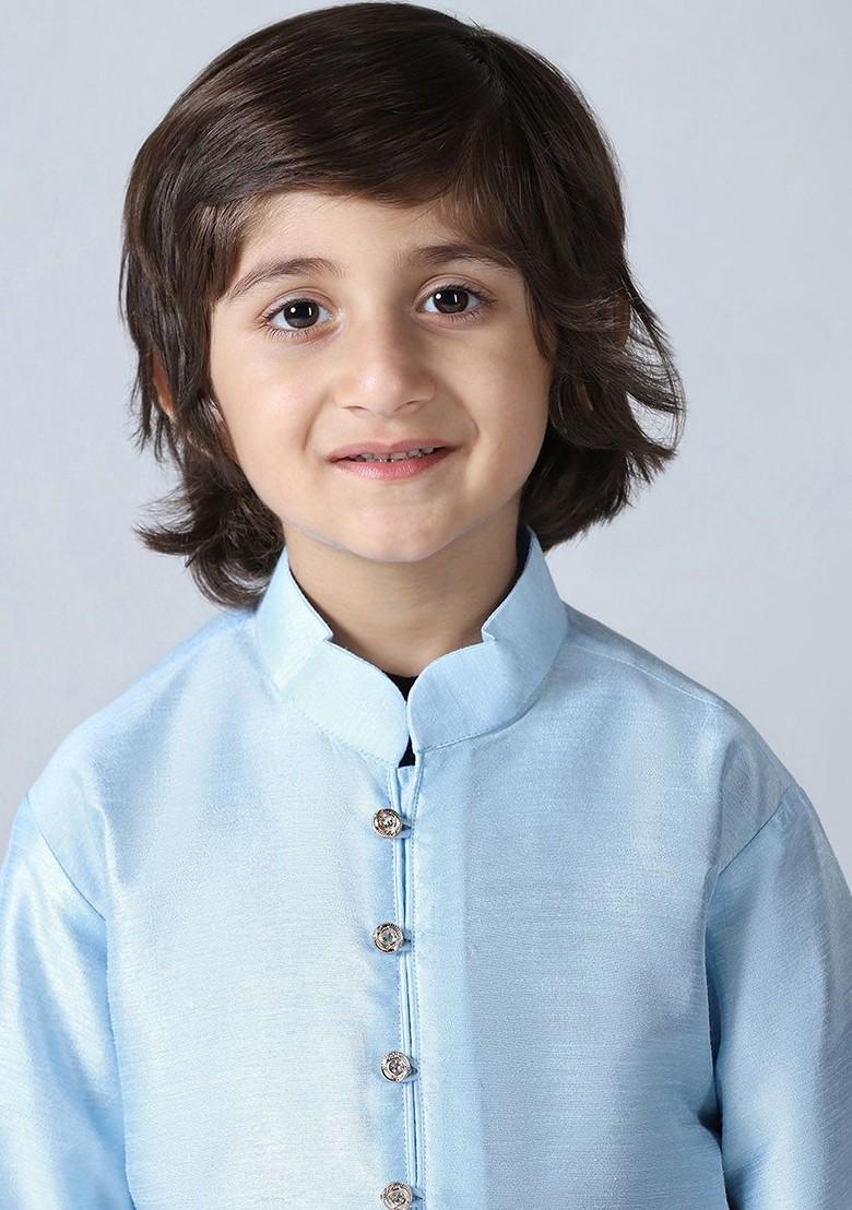 Blue Embroidered Silk Kurta Set For Boys - Indya