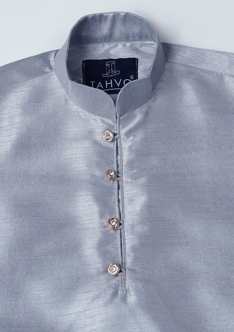 Grey Embroidered Silk Kurta Set For Boys - Indya