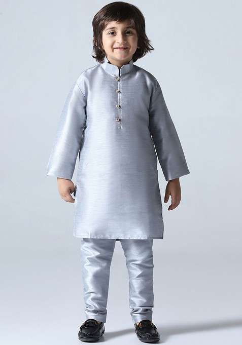 Grey Embroidered Silk Kurta Set For Boys
