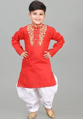 Red Embroidered Blended Kurta Dhoti Set For Boys
