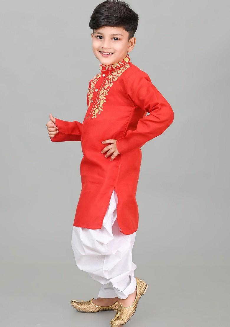 Red Embroidered Blended Kurta Dhoti Set For Boys - Indya
