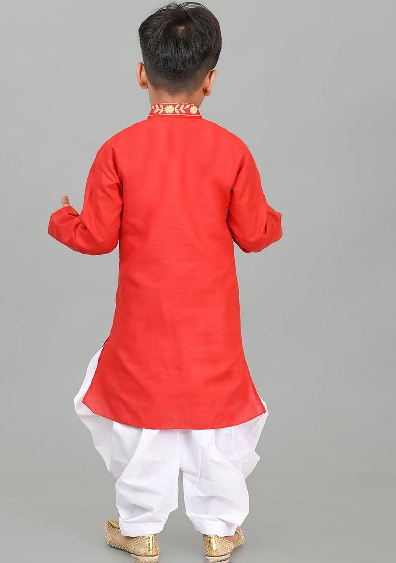 Red Embroidered Blended Kurta Dhoti Set For Boys - Indya