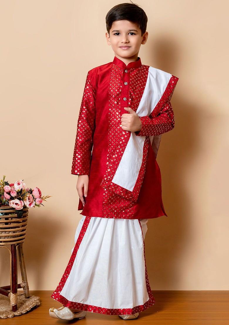 Maroon Embroidered Blended Kurta Set For Boys - Indya