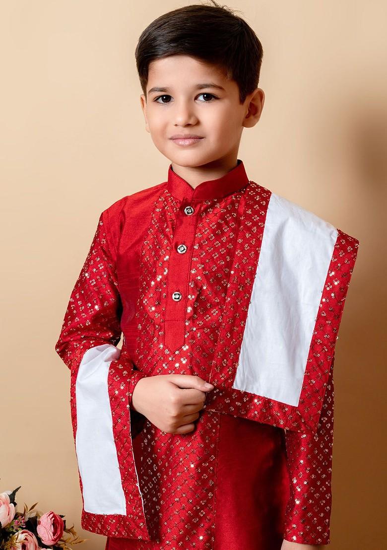 Maroon Embroidered Blended Kurta Set For Boys - Indya