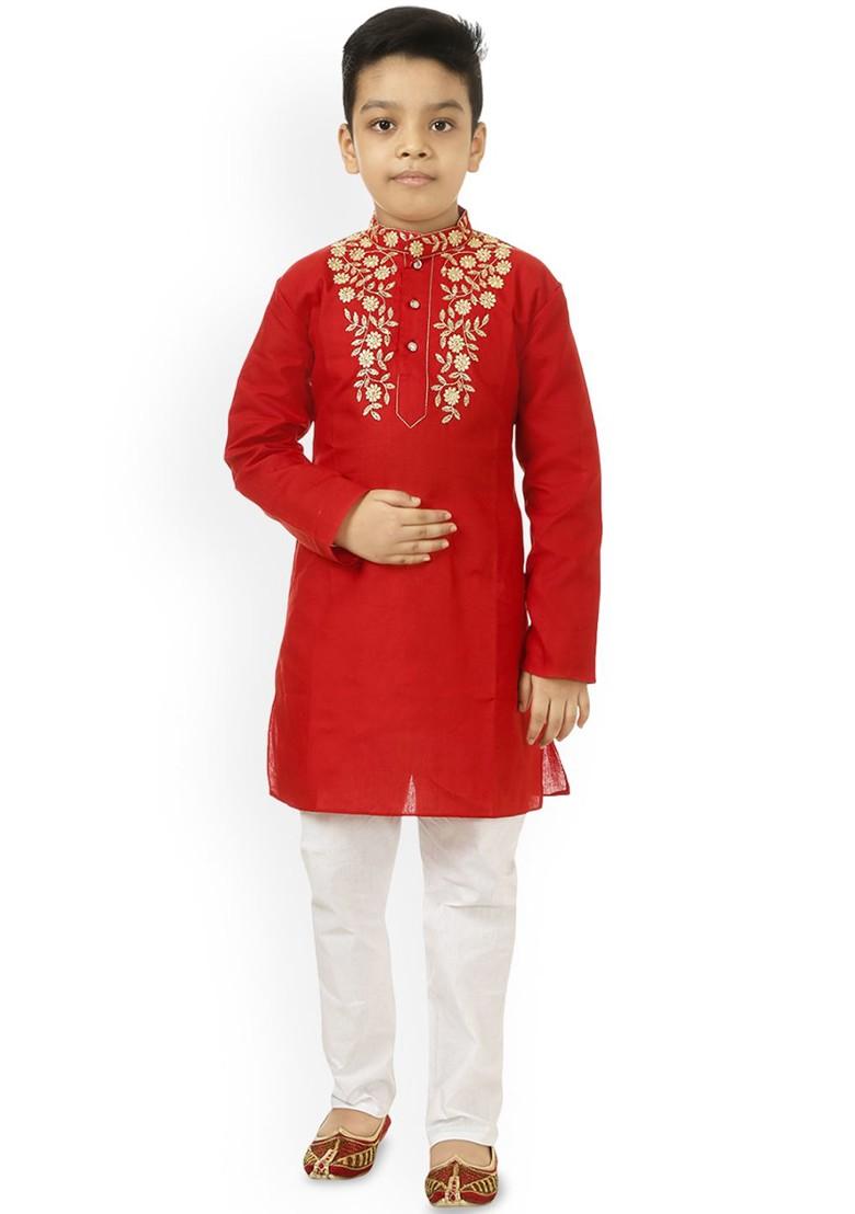 Red Embroidered Blended Kurta Set For Boys - Indya