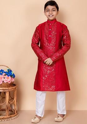 Maroon Embroidered Blended Kurta Set For Boys